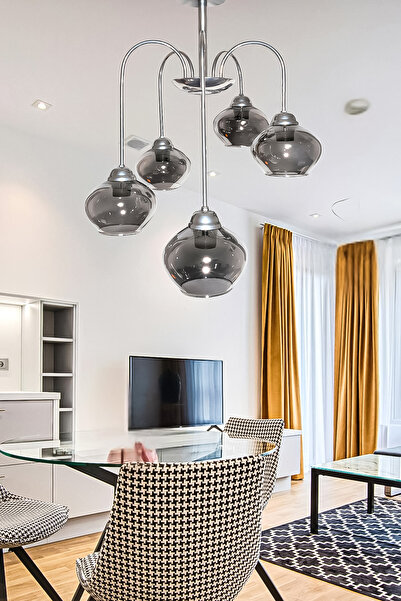 Fer Avize Dora 5 Li Avize Dekoratif Tasarım Modern Kollu Camlı Avize Oturma Odası Yemek Odası Salon