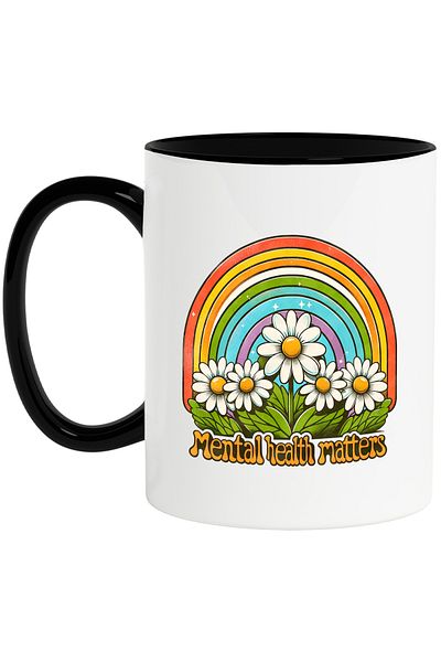 StoryGift Romania White flower mug with the message "Mental health matters", hippie style, culture, With ,STG.