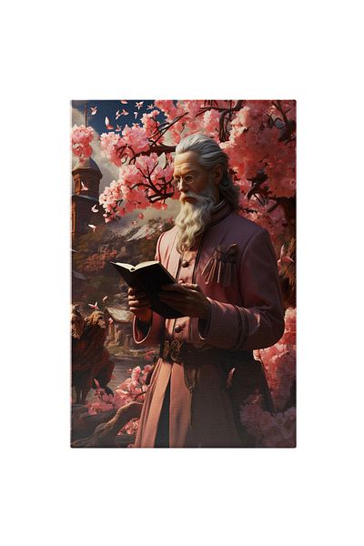 StoryGift Romania Tablou Canvas: Portret Barbat In Costum Roz Cu Par Lung Si Barba Alba Ochelari Citind Sub Copac
