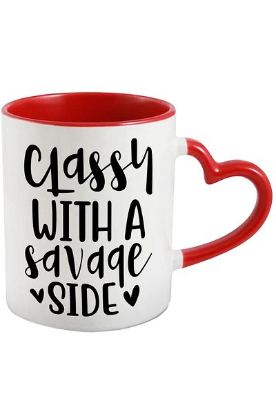StoryGift Romania Mug with the text "Elegance with a Wild Side" - hearts with Red Heart Handle, With M,STG.