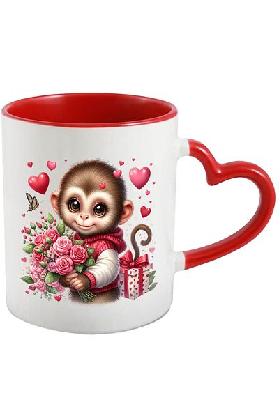 StoryGift Romania Mug with a cheerful monkey | illustration | holding a bouquet of roses | gift |, With ,STG.
