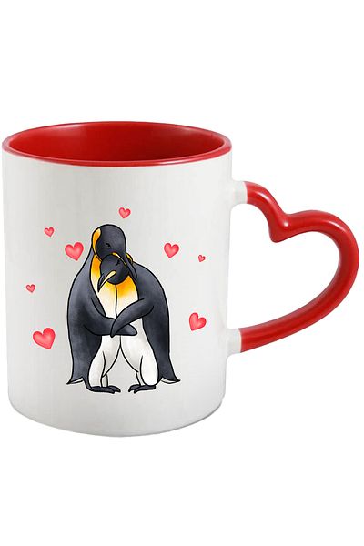 StoryGift Romania Mug with 2 hugging penguins, red hearts, Valentine's Day, illustrated, With,STG