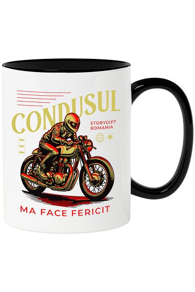 StoryGift Romania Driving makes me happy mug, man on a motorbike, 330ml, Ceramic with Black Handle, With Handle, STG.
