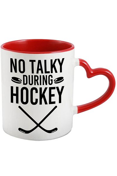 StoryGift Romania Mug with 2 sticks and the text "No talky during hockey" - no talking during the game, With ,STG.