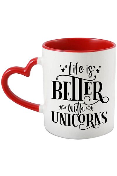 StoryGift Romania Mug with message that says life is better with unicorns with Heart Handle, With, STG.