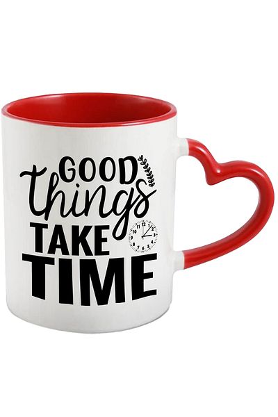 StoryGift Romania Mug With A Clock And The Message "Good Things Take Time" With Red Heart Handle, With Ma,stg