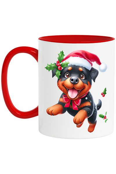 StoryGift Romania Mug with Rottweiler, dog, pet, illustration, mistletoe, Santa Claus hat, With, STG.
