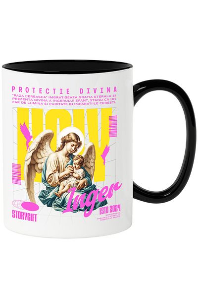StoryGift Romania Divine Protection Mug - Guardian Angel, 330ml, Ceramic with Black Handle, With Black Handle, STG