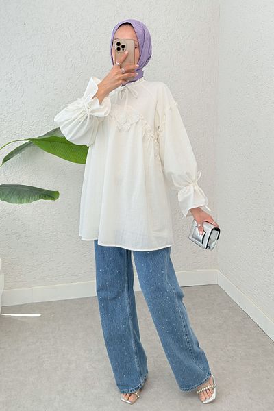 Salih Çelebi Embroidery Detailed Tunic 2311 - Cream