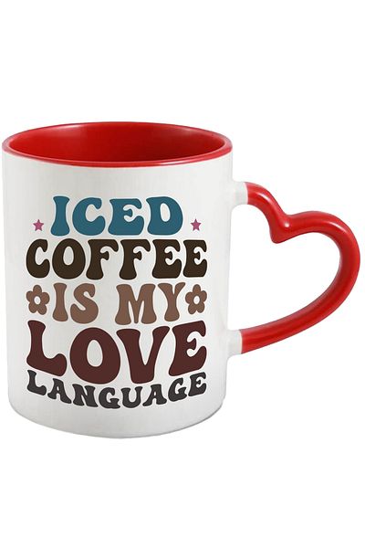StoryGift Romania Popcorn mug and the text "Iced coffee is the language of my love" with Ma, Cu, STG.