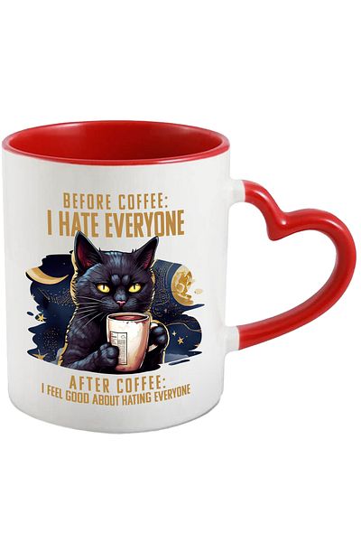 StoryGift Romania Mug with a black cat holding a cup of coffee with the message "Before coffee: I, Cu,STG"