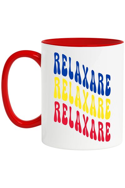 StoryGift Romania Mug with the word Relaxation, in the colors of the Romanian flag, Red, Yellow, Blue, with STG.