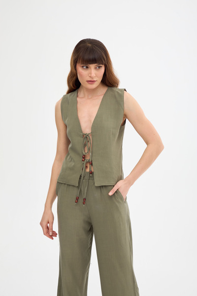 4EVERTİGER BONCUK DETAYLI YELEK PANTOLON KETEN TAKIM