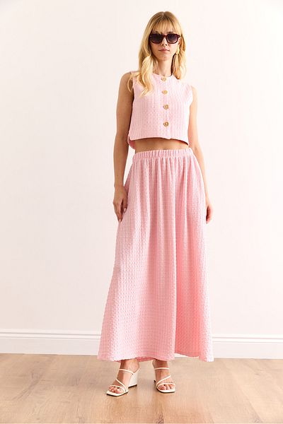 Olalook Women's Pink Top Lined Vest Bottom Pocket Midi Skirt Suit Tkm-19000387