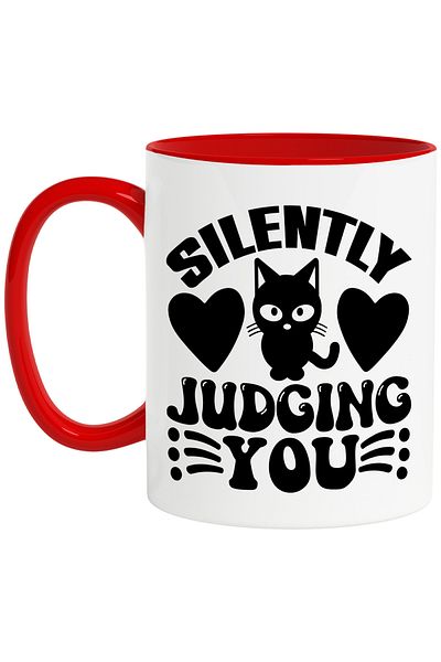 StoryGift Romania Mug with hearts and a cat with the message "Silently judging you" with Red Handle, Cu Man, STG.