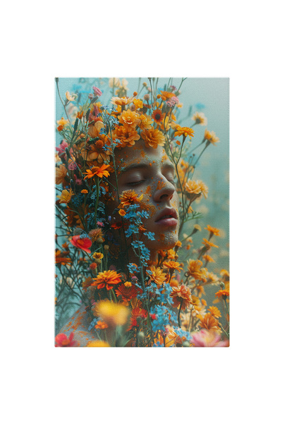 StoryGift Romania Tablou Canvas Mascul Cu Privire Blanda Si Ochii Inchisi Acoperit De Flori Galbene Cu Buzele Ma