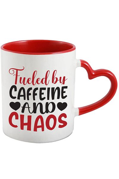 StoryGift Romania Mug with hearts and the text "Powered by caffeine and chaos" with Red Heart Handle, With M,STG.