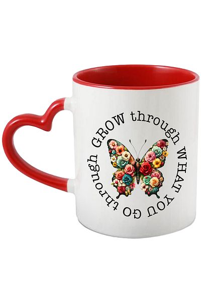 StoryGift Romania Mug with a butterfly with flower petals with the message "Grow through what you go through, With ,STG .