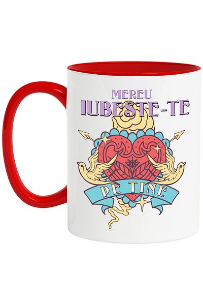 StoryGift Romania Heart Mug with Doves, Arrow, Always Love You, 330ml, Ceramic with Red Handle, With Handle, STG.