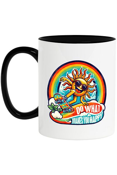 StoryGift Romania Mug With The Sun On A Skateboard With The Message "do What Makes You Happy", Hippie Style, With ,stg