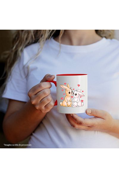 StoryGift Romania Mug with 2 bunnies, Valentine's Day, illustration, red hearts, love, sympathy, With, STG.