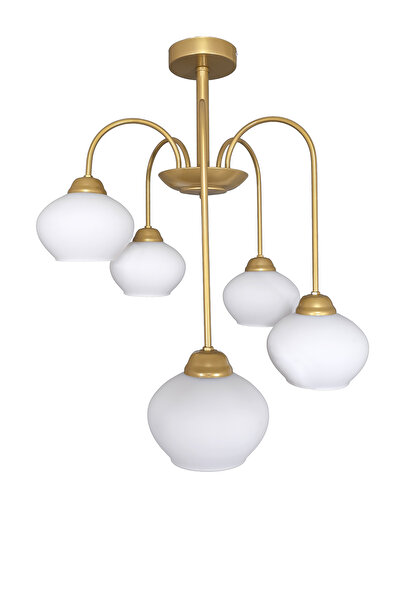 Fer Avize Dora 5 Li Avize Dekoratif Tasarım Modern Kollu Camlı Avize Oturma Odası Yemek Odası Salon