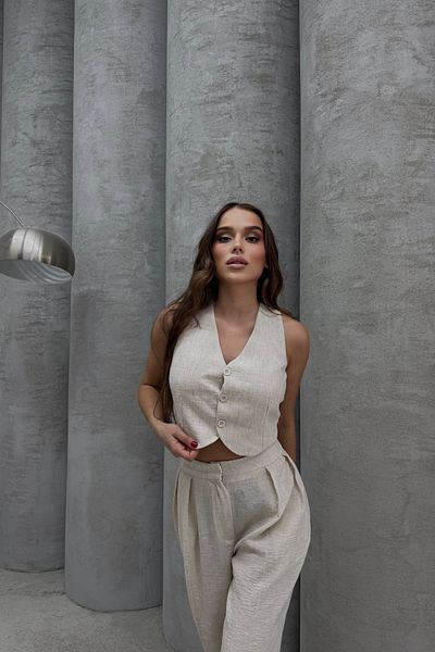 Bliss Women's Cream Linen Bottom Top Set – Wide Leg Pants & Vest