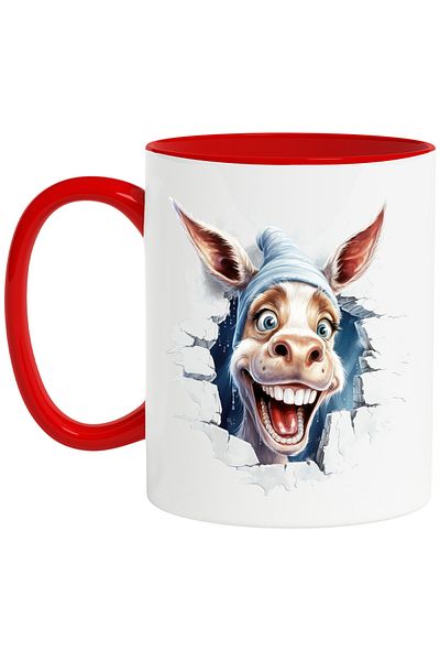 StoryGift Romania Mug with a cheerful donkey sticking its head out the wall | illustration | hat | fe, Cu,STG.