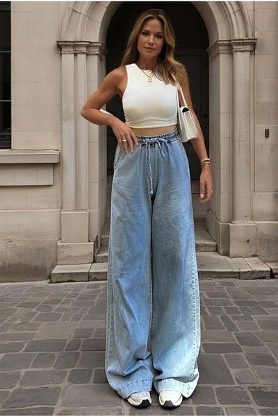 LİMABEL Women's Snow Wash Loose Wide Leg Elastic Waist Palazzo Jeans