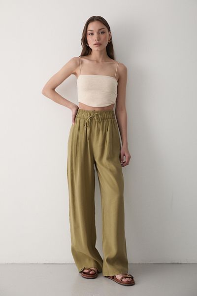 JASTE Women's Khaki Elastic Waist Wide Leg Palazzo Trousers