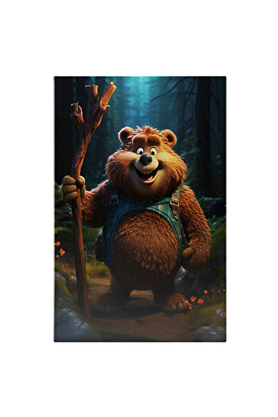 StoryGift Romania Tablou Canvas: Urs Grasut Care Tine Un Lemn In Mana Si Merge Prin Padure Cu Un Ghiozdan Pictu