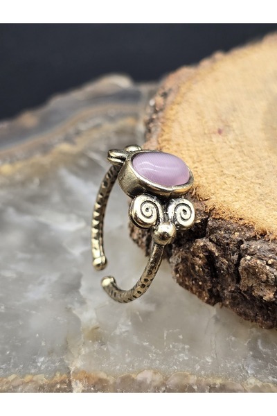 NBS Beautiful Naturel Stones Bakır Yüzük Pembe Kedi Göz Ayarlanabilir Trend T...