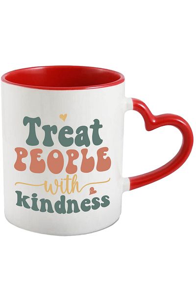 StoryGift Romania Mug with hearts and the text "Treat people with kindness" with Red Heart Handle, With M,STG.
