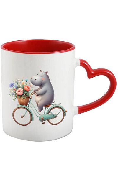 StoryGift Romania Mug with a cheerful hippo riding a bike | illustration | basket with flowers, With,STG.