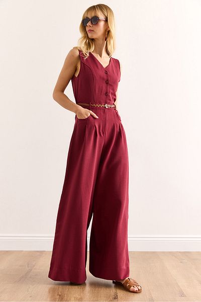 Olalook Women's Burgundy Buttoned Pocket Belted Wide Leg Jumpsuit Tlm-19000157