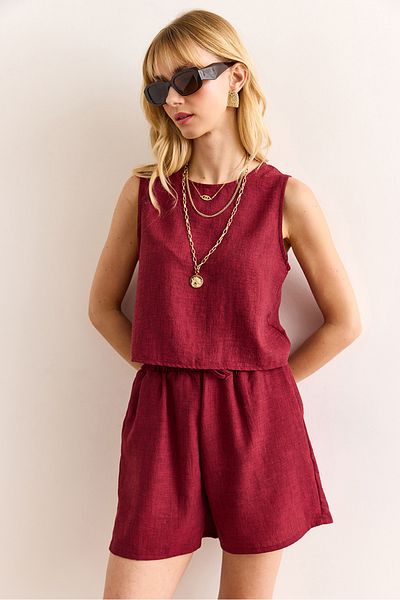 Olalook Women's Burgundy Top Back Button Blouse Bottom Pocket Shorts Set Tkm-19000384