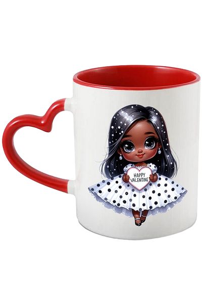 StoryGift Romania Mug with a little black girl holding a heart that says "Happy Valentine, With, STG.