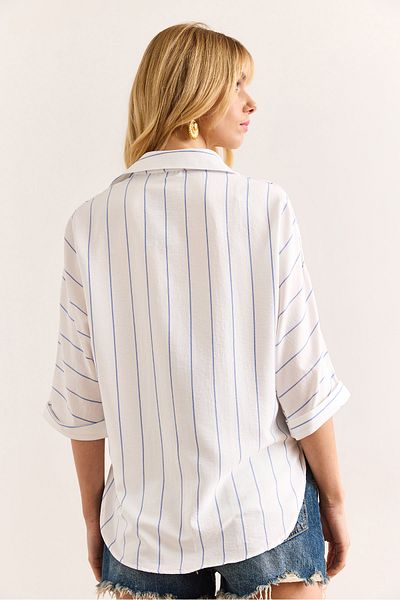 Olalook Women's Blue Striped Front Short Back Long Flowing Shirt Gml-19001347