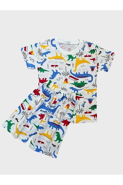 ALİŞ KİDS Set de pijamale de vară pentru băiat, din bumbac, alb, cu model de dinozaur, cu mâneci scurte