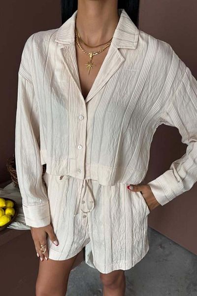 RICHMOST Women's Skirt Blouse Set with Apaş Collar and Button Detailing and Lacing Waist Viscose Fabric (2 Pieces) Ecru-Beige
