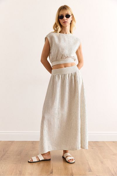 Olalook Women's Black Striped Side Zipper Midi Bell Muslin Skirt Etk-19000320