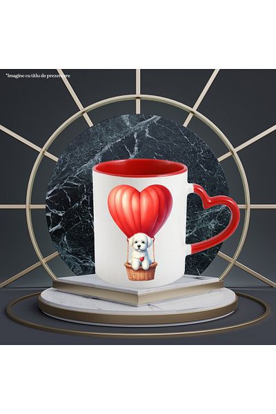 StoryGift Romania Mug with a puppy flying in a hot air balloon, illustration, travel, hearts, With ,STG .