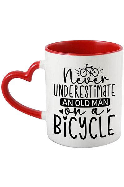 StoryGift Romania Mug with a bicycle and the message "Never underestimate an old man who is , With ,STG .