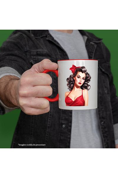 StoryGift Romania Mug with a beautiful woman in a red dress, illustration, retro, old, fashion style, With ,STG.