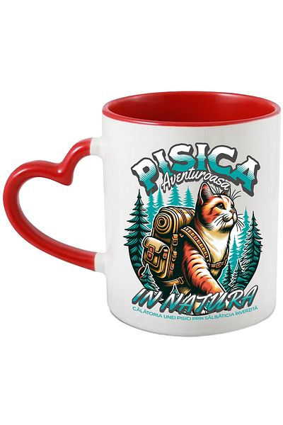 StoryGift Romania Adventurous Cat Mug-In Nature, 330ml, Ceramic with Red Heart Handle, With Heart Handle, STG.