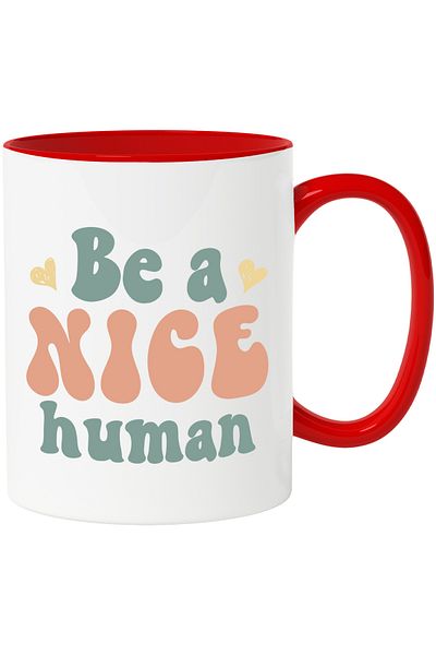 StoryGift Romania Mug with hearts and a message that urges you to be a kind person with Red Handle, Cu Man, STG.