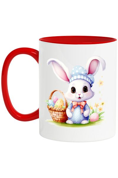StoryGift Romania Mug with a surprised rabbit | illustration | cheerful | basket with painted eggs | flower, With ,STG.