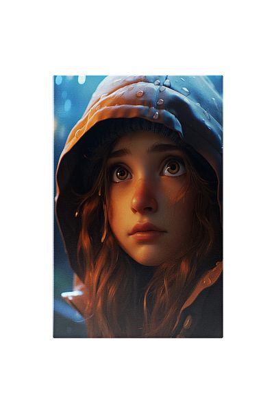 StoryGift Romania Tablou Canvas: Fetita Gingasa Cu Ochii Caprui Si Par Lung Cu Gluga In Ploaie Cu Nasul Inghetat