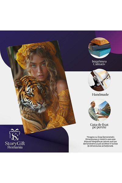 StoryGift Romania Canvas Painting Love of Tigers, Girl with Yellow Scarf and Pearl Dress with Blue Eyes t