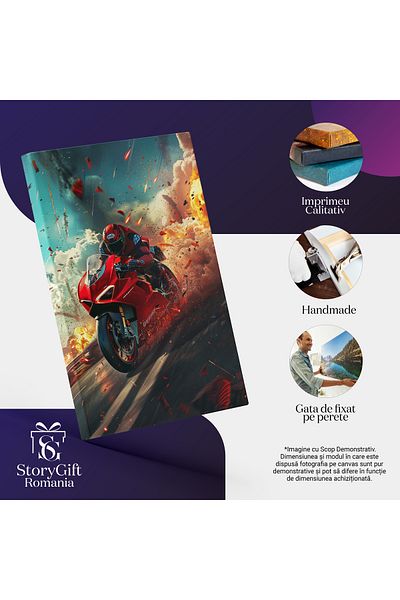 StoryGift Romania Tablou Canvas Motociclist Pasionat De Viteză Și Scântei În Urma Roților - Motor Și Echipament R
